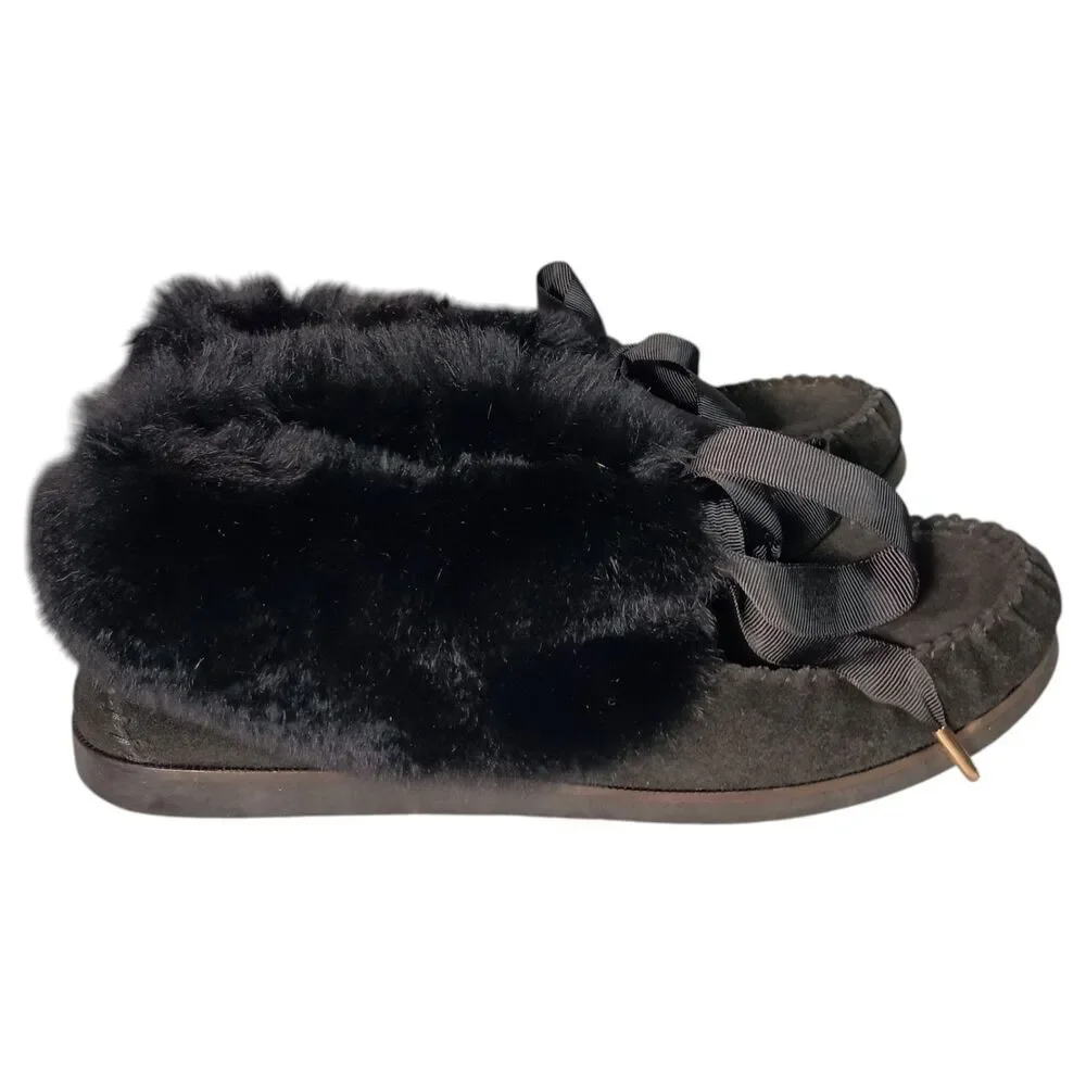 Tory Burch Aberdeen Slipper Moccasin Ankle Women 9 Leather Suede Shearling Black